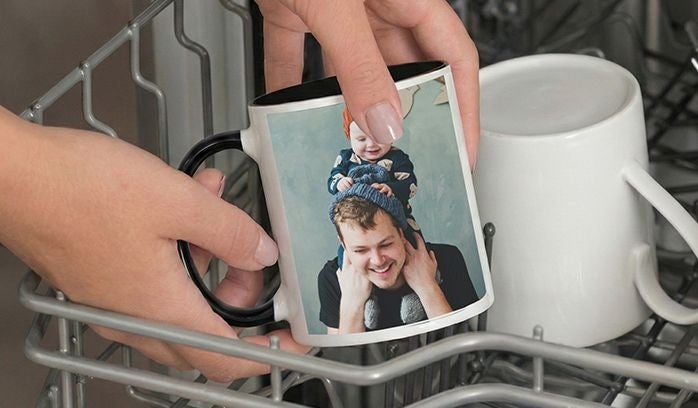 Custom printed mug placed in dishwasher and microwave demonstrating safe everyday use