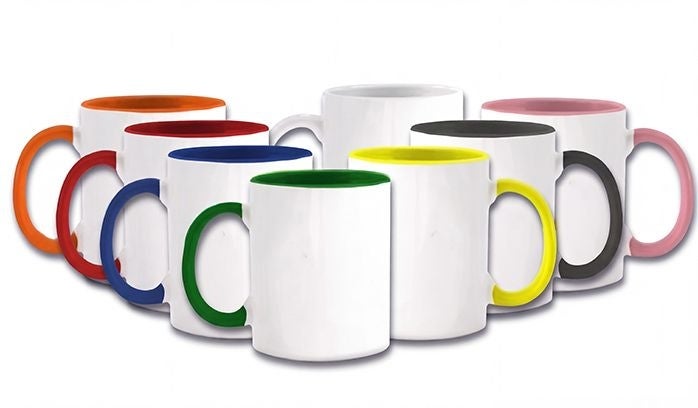 Collection of custom mugs with different handle and interior color options displayed