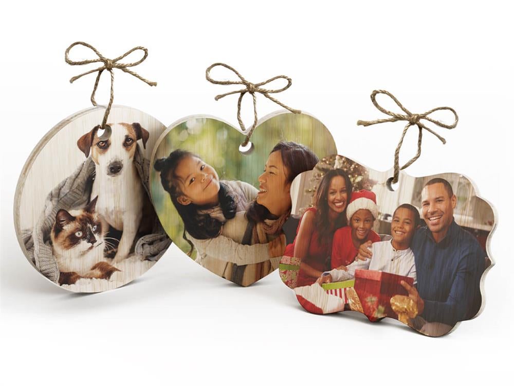 Custom bamboo ornament with natural wood texture displaying a printed photo design